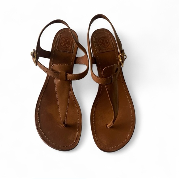 Tory Burch metal logo strap leather sandals size 9.5 brown summer block heel - Picture 9 of 11
